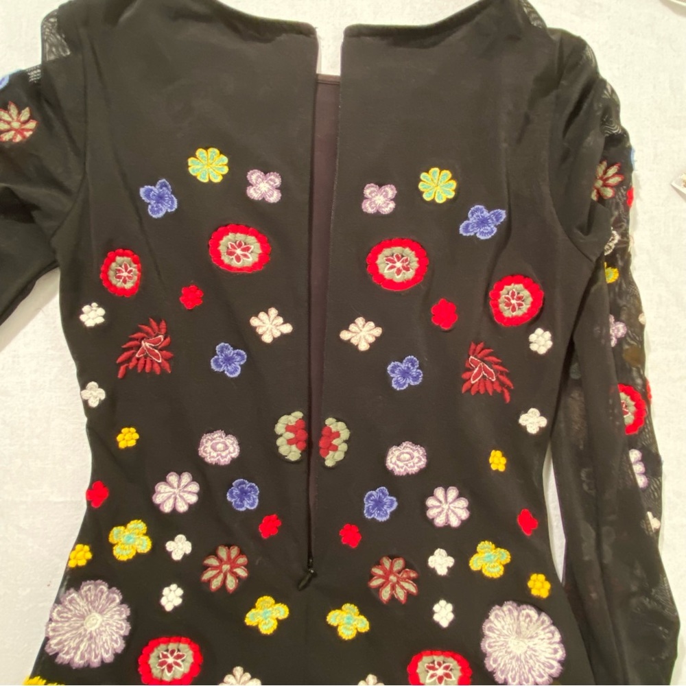Aqua Capsule Embroidered Floral Mesh Mini Dress Sheer Sleeve Size M - Picture 5 of 16